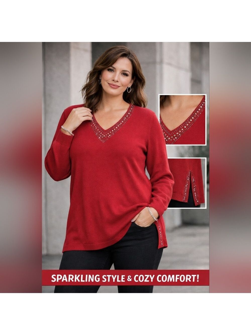 Womens Plus 2x |✨ Vila Milano Red Embellished V-Neck Sweater l Dsst-a5